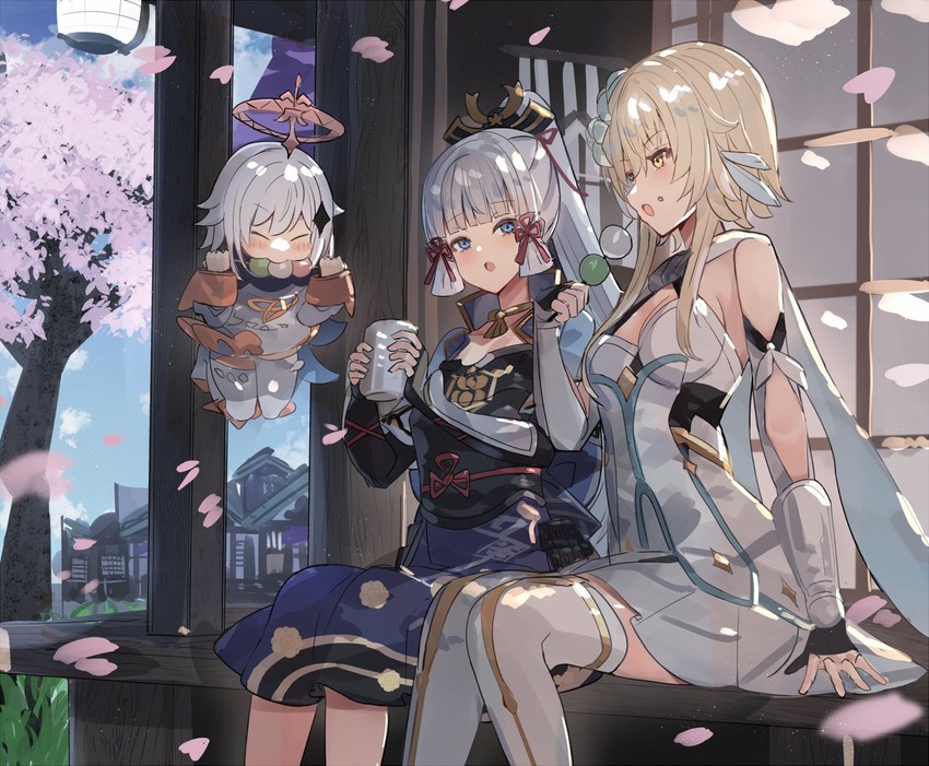 lumine, paimon, and kamisato ayaka (genshin impact) drawn by the_olphy