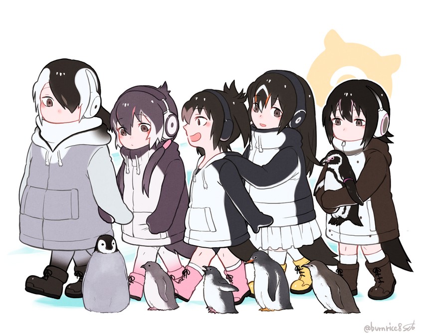 emperor penguin, humboldt penguin, royal penguin, rockhopper penguin, gentoo penguin, and 1 more (kemono friends) drawn by seto_(harunadragon)
