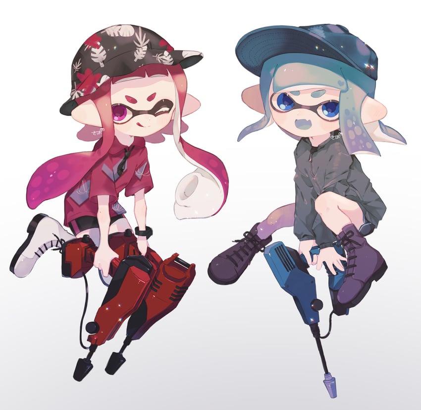 inkling player character and inkling girl (splatoon) drawn by sabata_saba