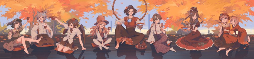 kochiya sanae, shameimaru aya, inubashiri momiji, moriya suwako, kawashiro nitori, and 4 more (touhou and 1 more) drawn by momijigari