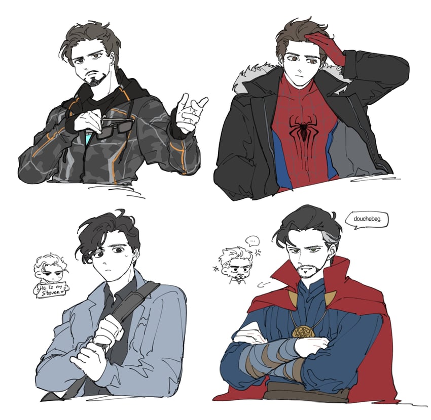 spider-man, tony stark, peter parker, doctor strange, marc spector, and 1 more (marvel and 5 more) drawn by chjjlold