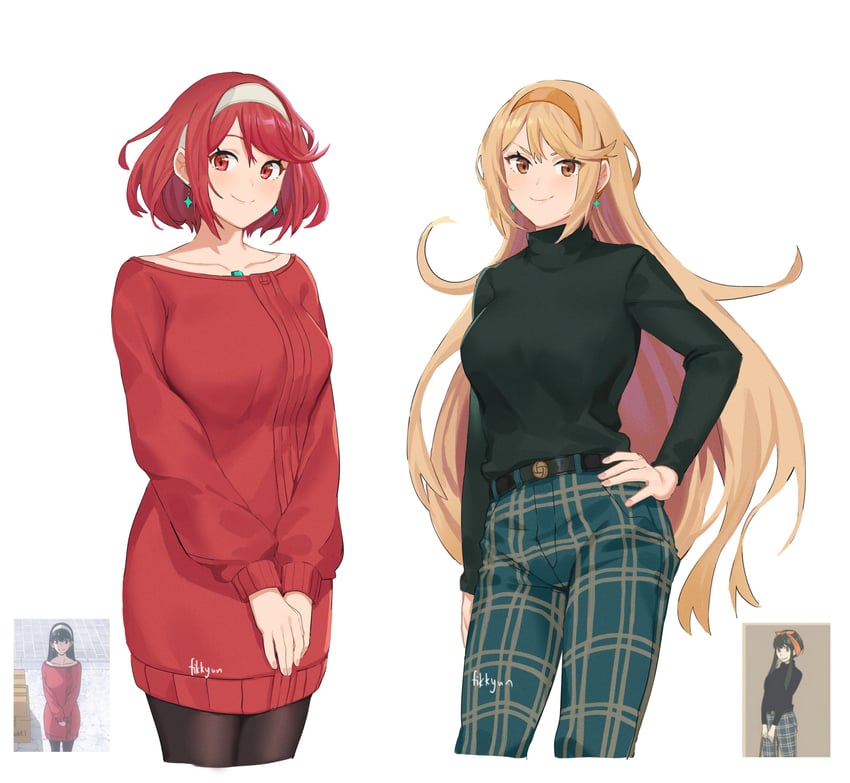 yor briar, pyra, and mythra (xenoblade chronicles and 2 more) drawn by fikkyun