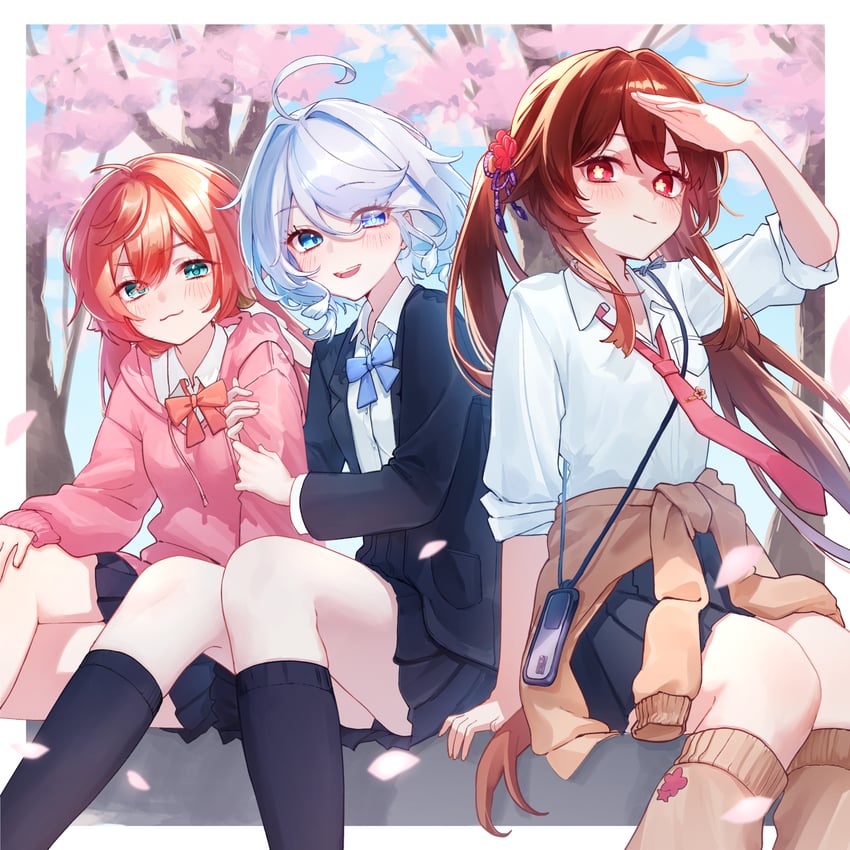 hu tao, furina, and yanfei (genshin impact) drawn by imasaki_kei