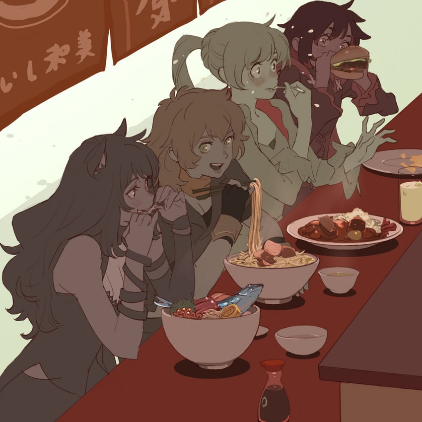 ruby rose, weiss schnee, yang xiao long, and blake belladonna (rwby) drawn by 55bata6rou