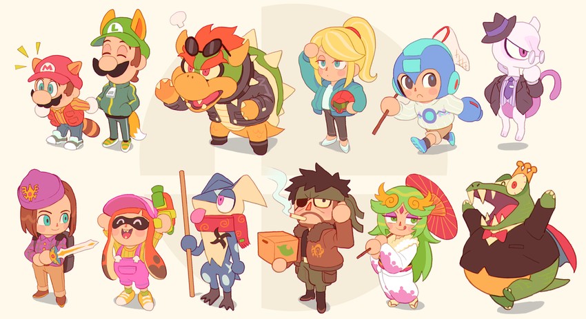 inkling player character, inkling girl, samus aran, mario, luigi, and 8 more (pokemon and 14 more) drawn by gashi-gashi