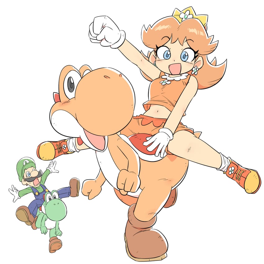 luigi, princess daisy, yoshi, and orange yoshi (mario) drawn by junnosu