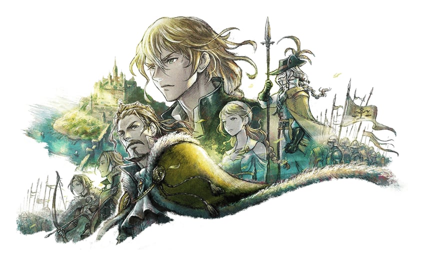 roland glenbrook, cordelia glenbrook, hughette bucklar, frani glenbrook, regna glenbrook, and 1 more (triangle strategy) drawn by ikusy