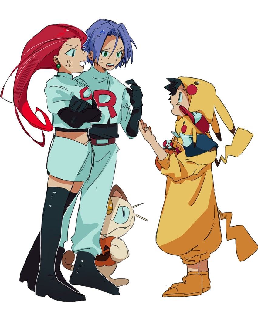 pikachu, ash ketchum, jessie, james, and meowth (pokemon) drawn by omotikonetemasu