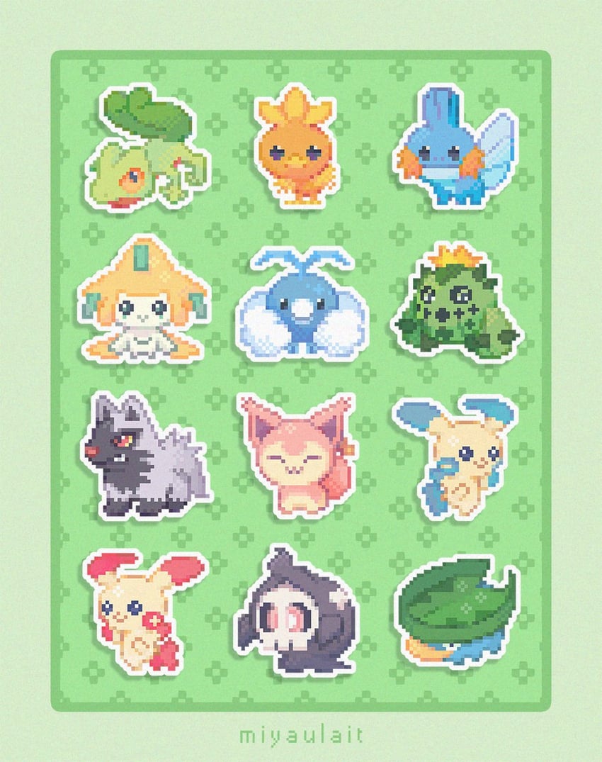 jirachi, torchic, mudkip, swablu, treecko, and 7 more (pokemon) drawn by miyaulait