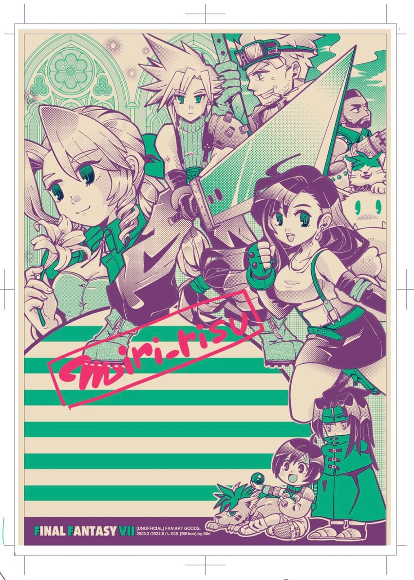 tifa lockhart, cloud strife, aerith gainsborough, yuffie kisaragi, moogle, and 5 more (final fantasy and 1 more) drawn by miri_(mirik)