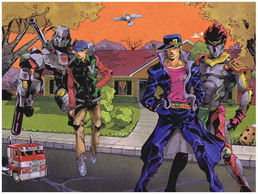 kujo jotaro, star platinum, megatron, and optimus prime (jojo no kimyou na bouken and 4 more) drawn by ark_nemesis
