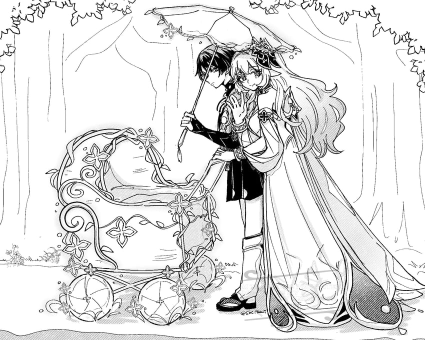 scaramouche, nahida, and wanderer (genshin impact) drawn by snc_tozai