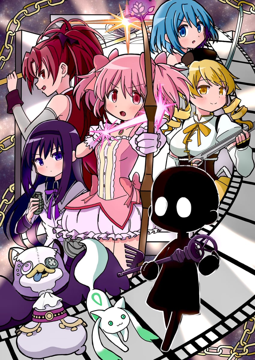 akemi homura, kaname madoka, miki sayaka, sakura kyoko, tomoe mami, and 3 more (mahou shoujo madoka magica and 1 more) drawn by riuriumagi