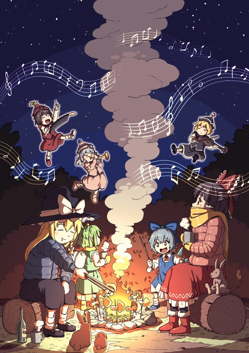 hakurei reimu, kirisame marisa, cirno, daiyousei, lunasa prismriver, and 2 more (touhou) drawn by inuno_rakugaki