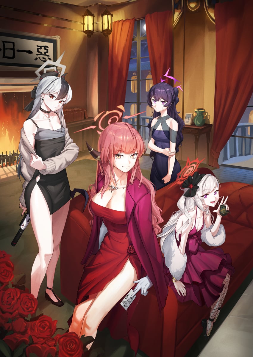 kayoko, aru, mutsuki, haruka, and smoker on the balcony (blue archive) drawn by roro_(tpghksdlzpq)