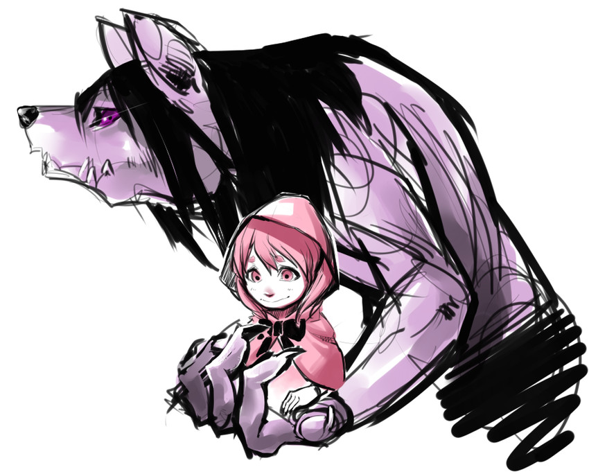akemi homura, kaname madoka, little red riding hood, and big bad wolf (mahou shoujo madoka magica and 1 more) drawn by conacona_(corner_to_corner)