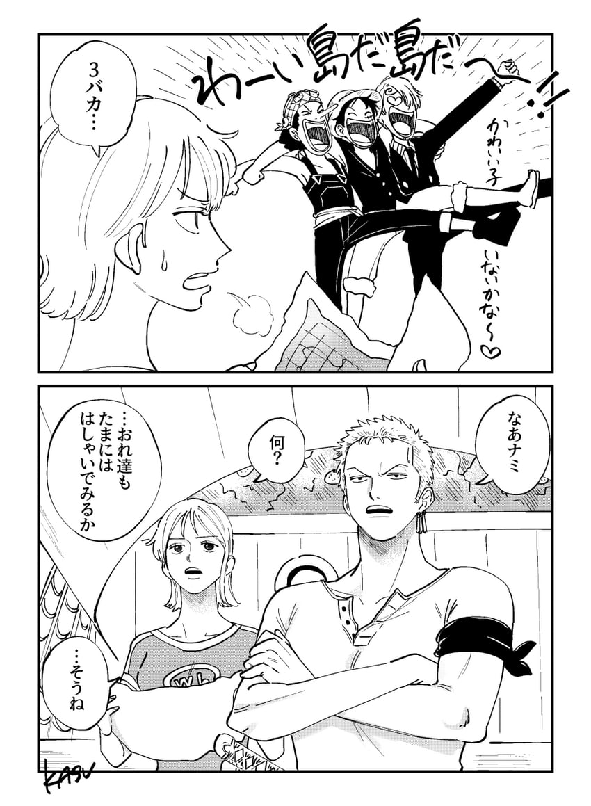 nami, monkey d. luffy, roronoa zoro, sanji, and usopp (one piece) drawn by kasuga_akira