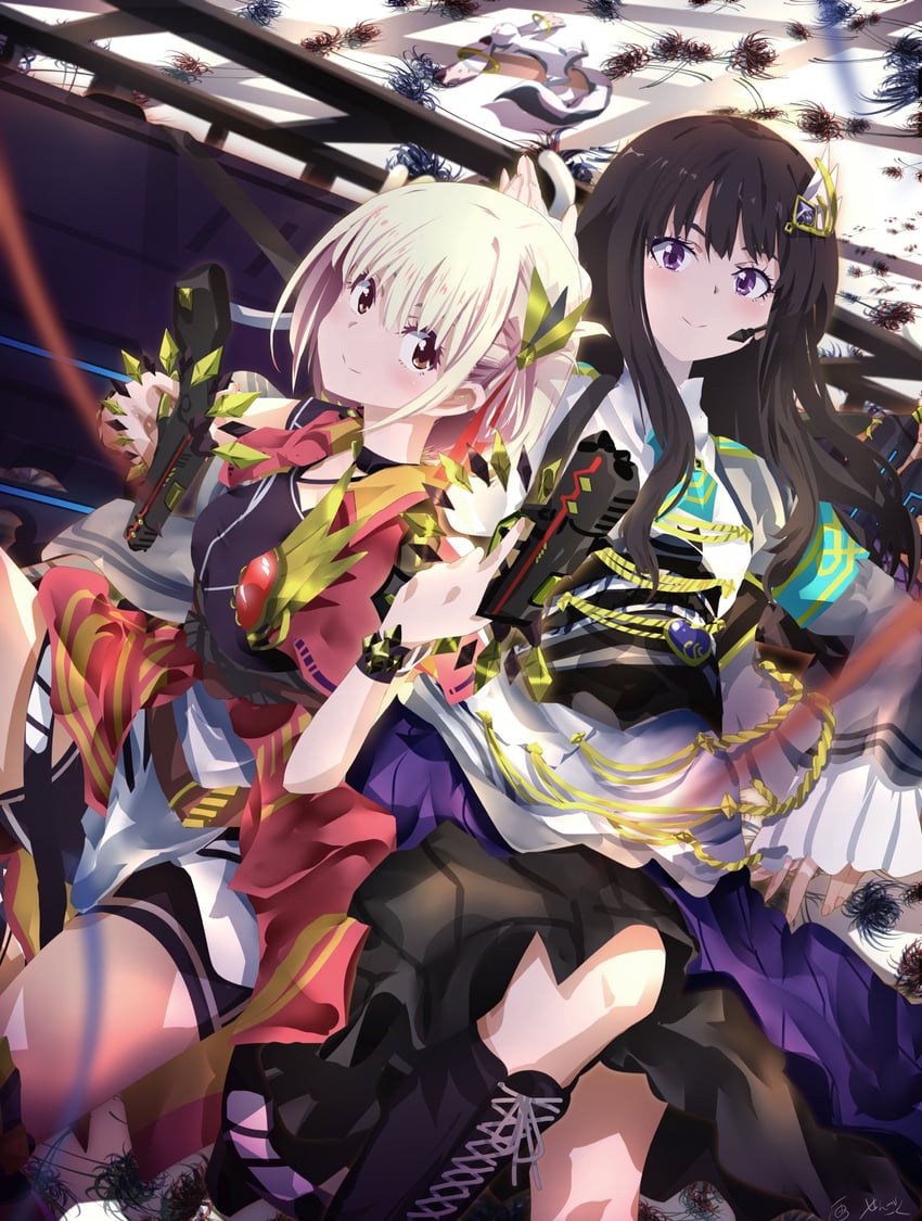 kyubey, nishikigi chisato, and inoue takina (mahou shoujo madoka magica and 2 more) drawn by sengoku_chidori