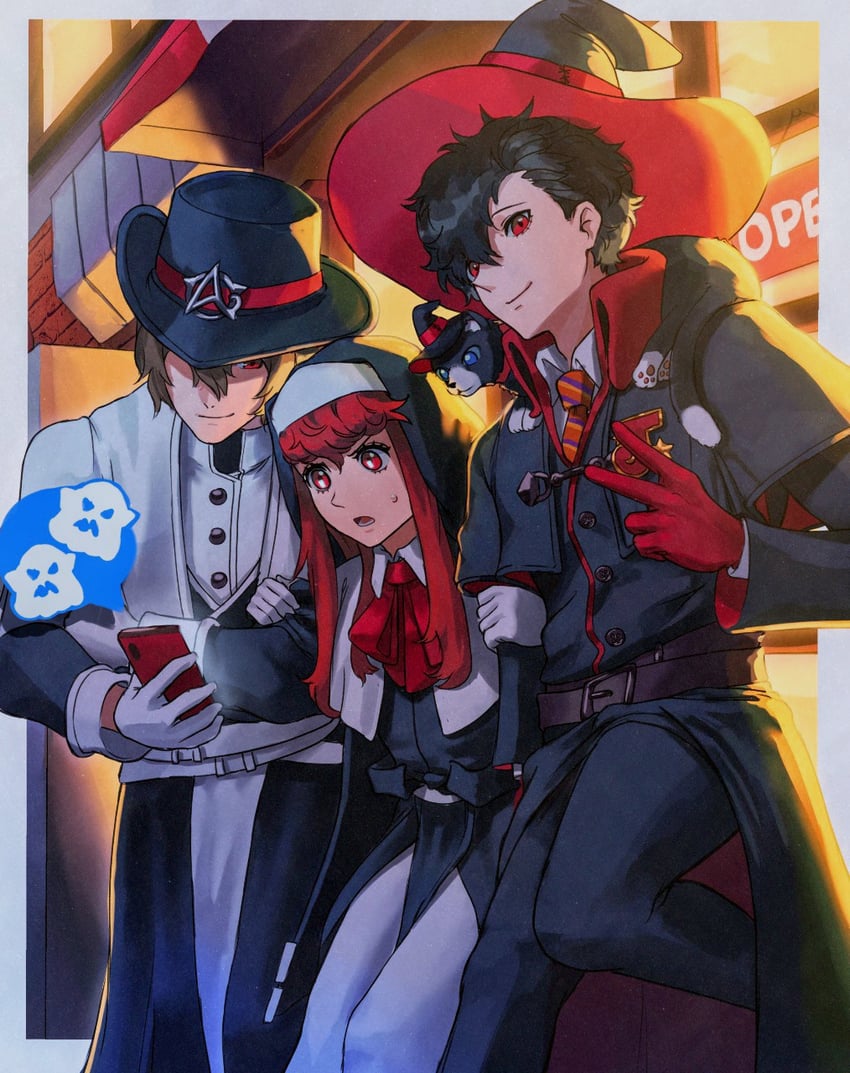 amamiya ren, akechi gorou, morgana, and yoshizawa sumire (persona and 2 more) drawn by andrich_galam