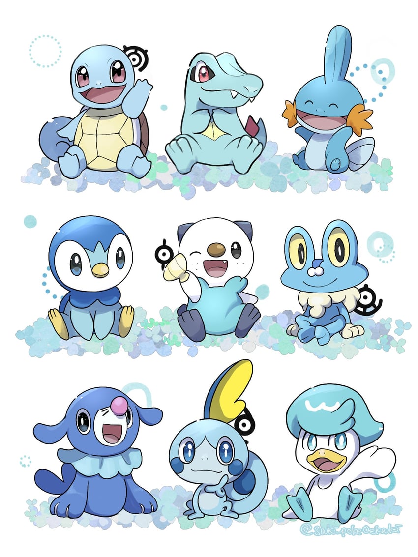 piplup, oshawott, squirtle, sobble, popplio, and 9 more (pokemon) drawn by saki_pokeoekaki