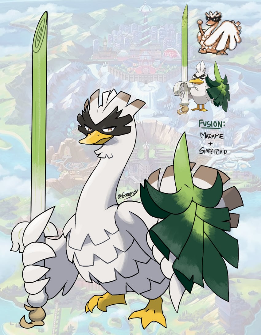 sirfetch'd and madame (pokemon and 1 more) drawn by gooompy