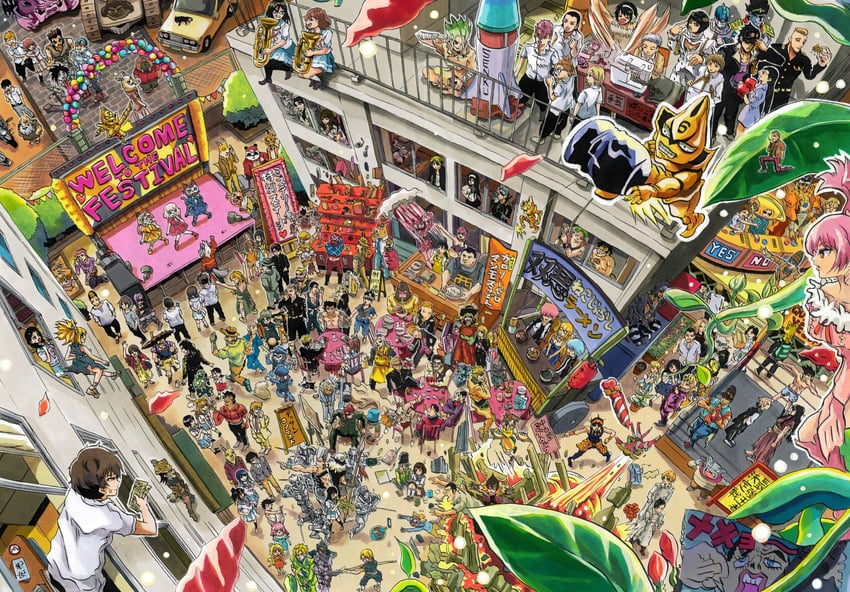 joseph joestar, kujo jotaro, dio brando, giorno giovanna, kakyoin noriaki, and 50 more (jojo no kimyou na bouken and 9 more) drawn by tsuchiyamashige