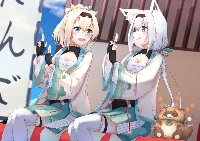 shirakami fubuki, kazama iroha, and pokobee (hololive) drawn by miki_miki