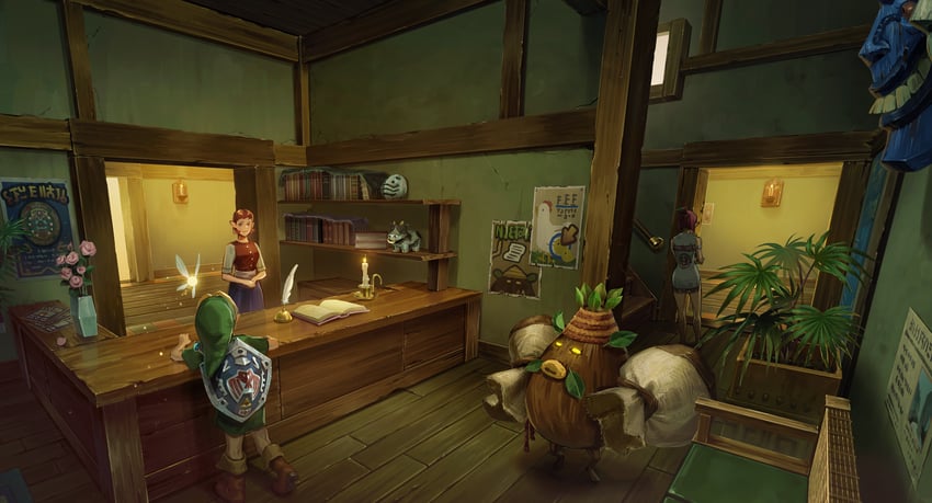 link, tatl, anju, deku scrub, and business scrub (the legend of zelda and 1 more) drawn by nshi