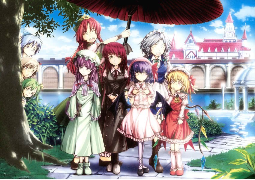 remilia scarlet, flandre scarlet, izayoi sakuya, cirno, patchouli knowledge, and 4 more (touhou and 1 more) drawn by asuima