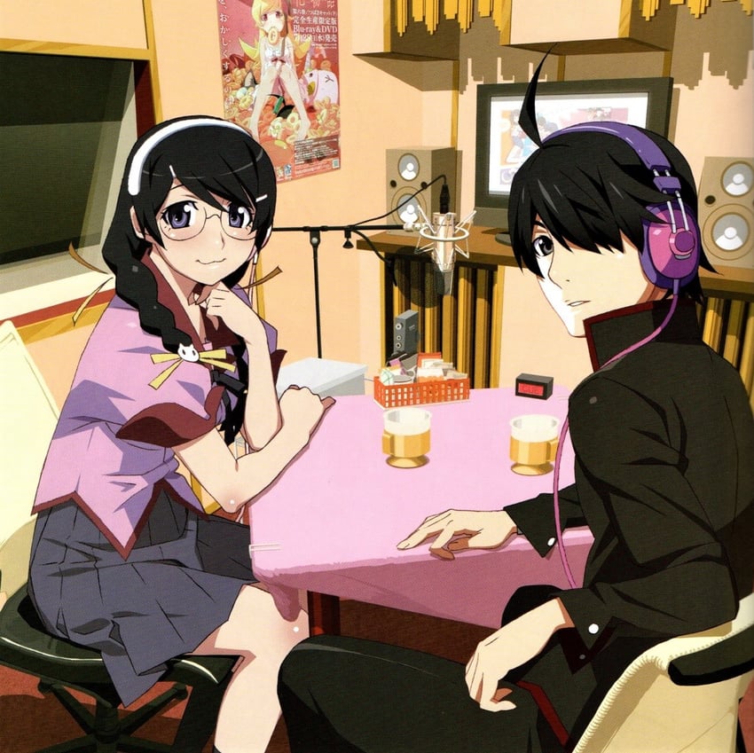 oshino shinobu, hanekawa tsubasa, and araragi koyomi (monogatari) drawn by watanabe_akio