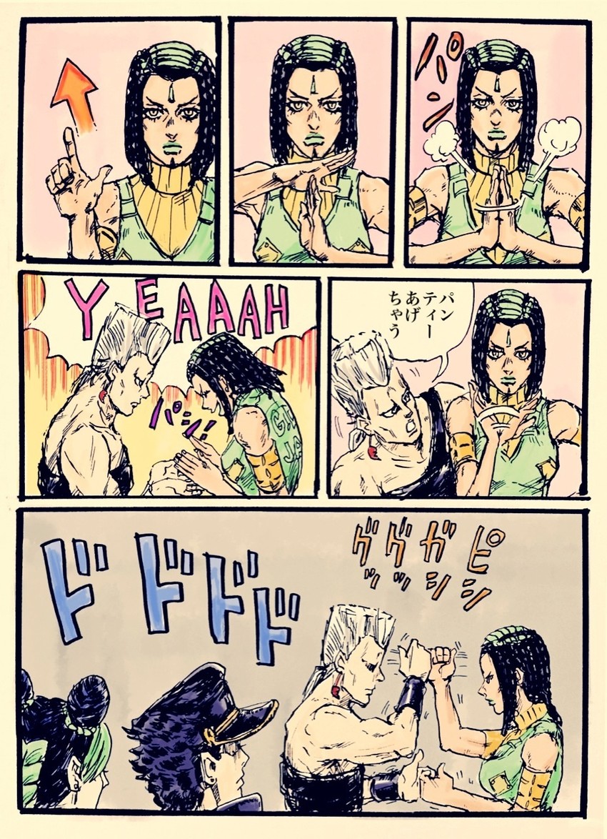 kujo jotaro, kujo jolyne, jean pierre polnareff, and ermes costello (jojo no kimyou na bouken and 2 more) drawn by gaanyan_(sogawa)