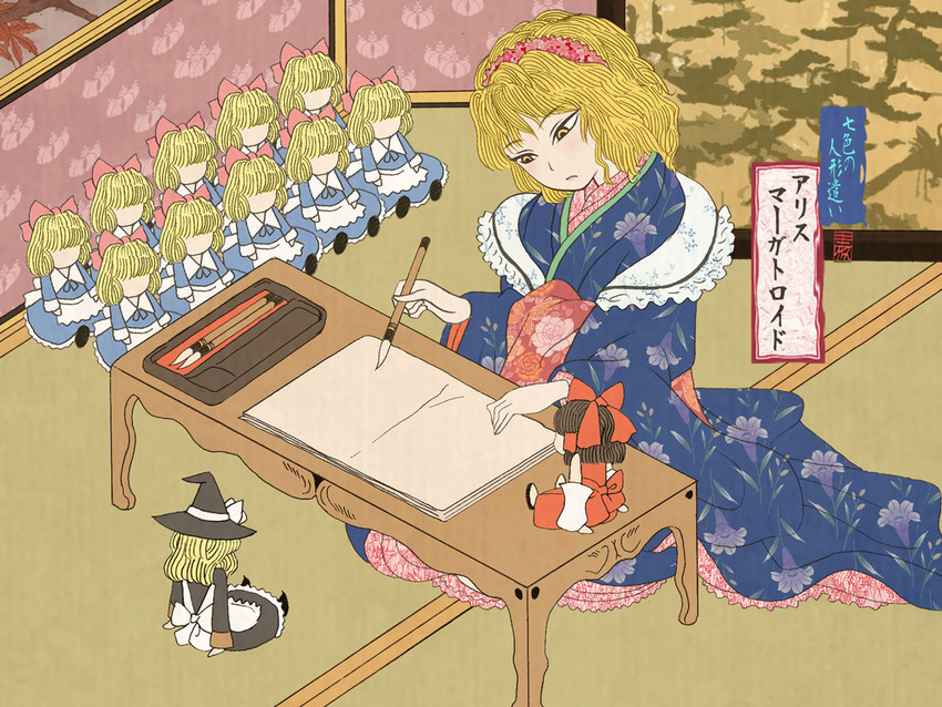 hakurei reimu, kirisame marisa, alice margatroid, and shanghai doll (touhou) drawn by cloritin