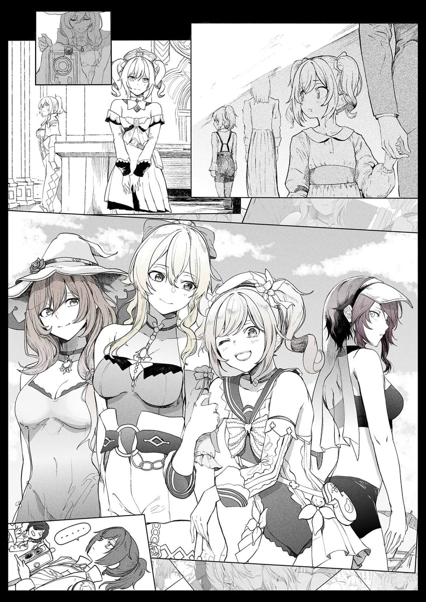 barbara, jean, diluc, kaeya, lisa, and 1 more (genshin impact) drawn by syatey