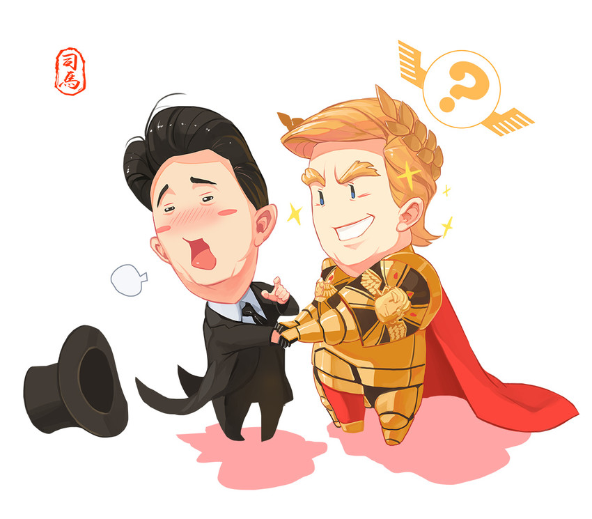 emperor of mankind, donald trump, and abe shinzou (real life and 1 more) drawn by sima_naoteng