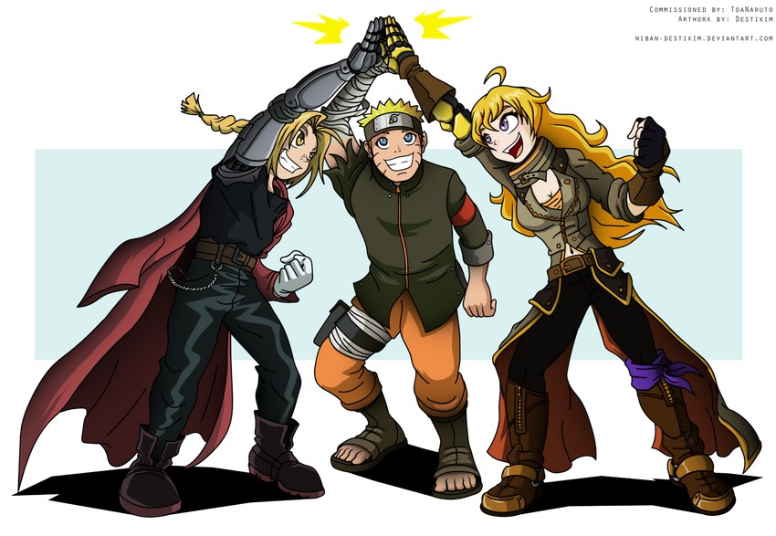 uzumaki naruto, yang xiao long, and edward elric (naruto and 3 more) drawn by niban-destikim