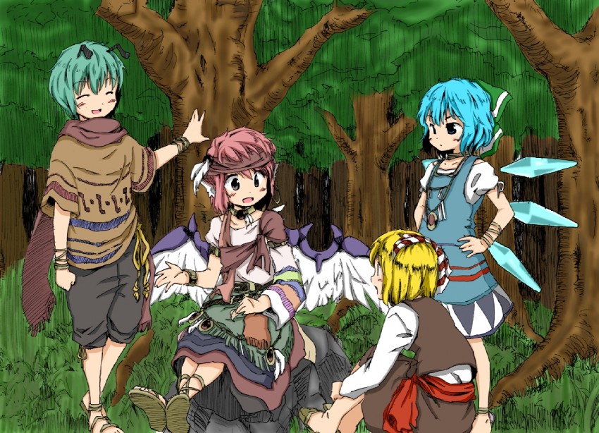 cirno, rumia, mystia lorelei, and wriggle nightbug (touhou) drawn by kage_hitsugi and yudepii