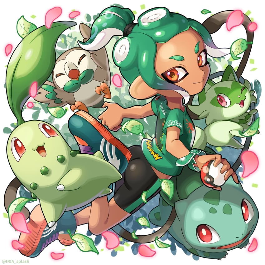 octoling player character, octoling girl, rowlet, bulbasaur, sprigatito, and 1 more (pokemon and 2 more) drawn by iria_(yumeirokingyo)
