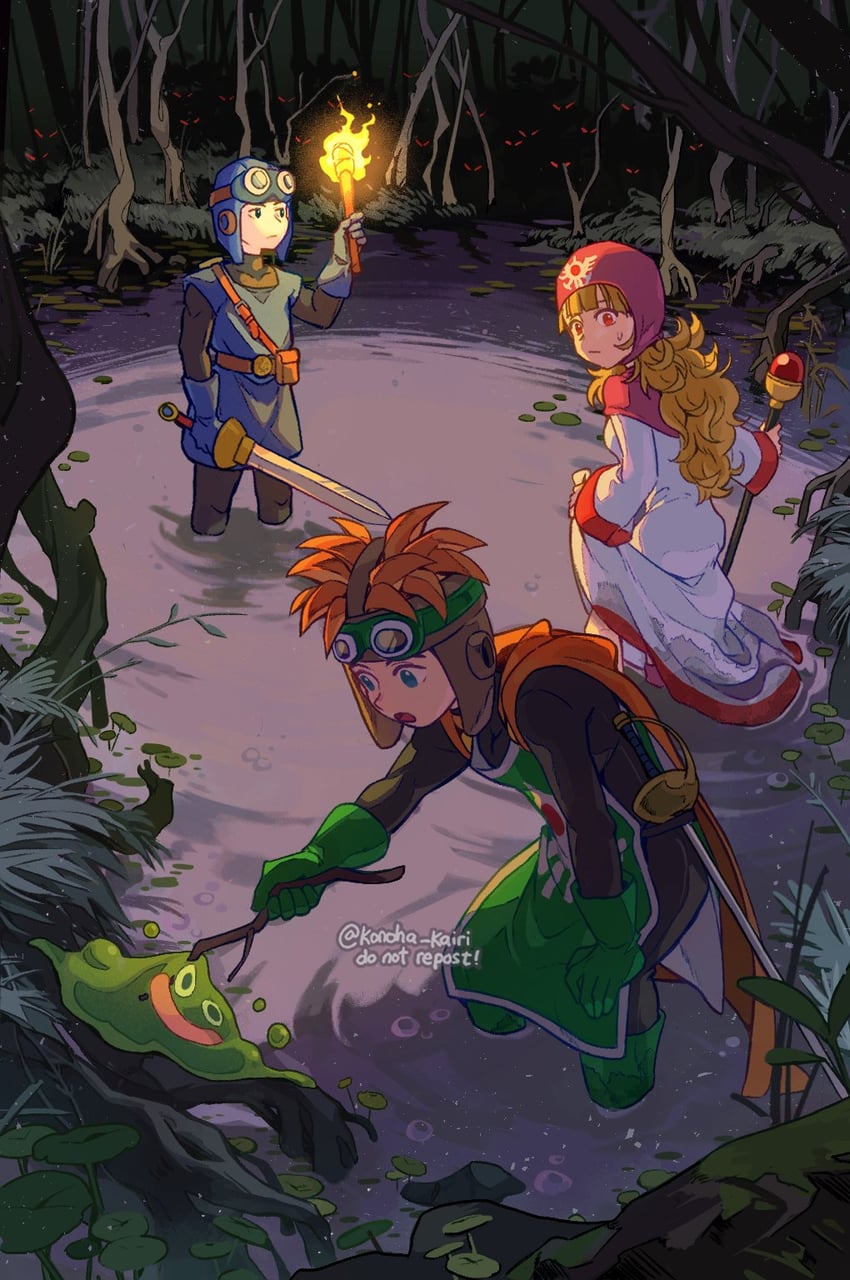princess of moonbrook, prince of lorasia, prince of samantoria, and bubble slime (dragon quest and 1 more) drawn by konoha_kairi