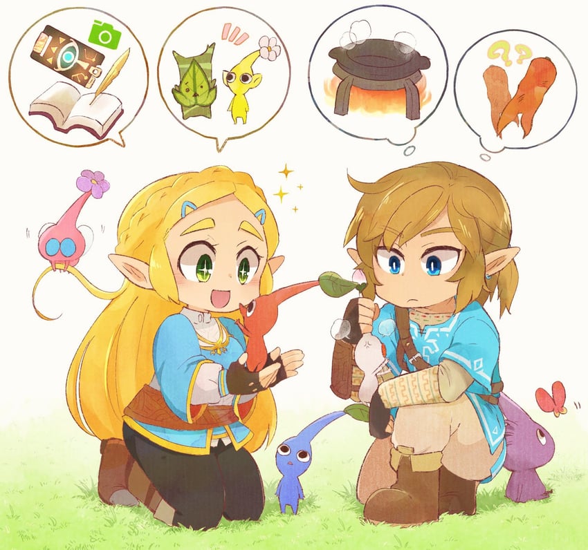 link, princess zelda, red pikmin, yellow pikmin, blue pikmin, and 4 more (the legend of zelda and 3 more) drawn by ukyo_(80123)