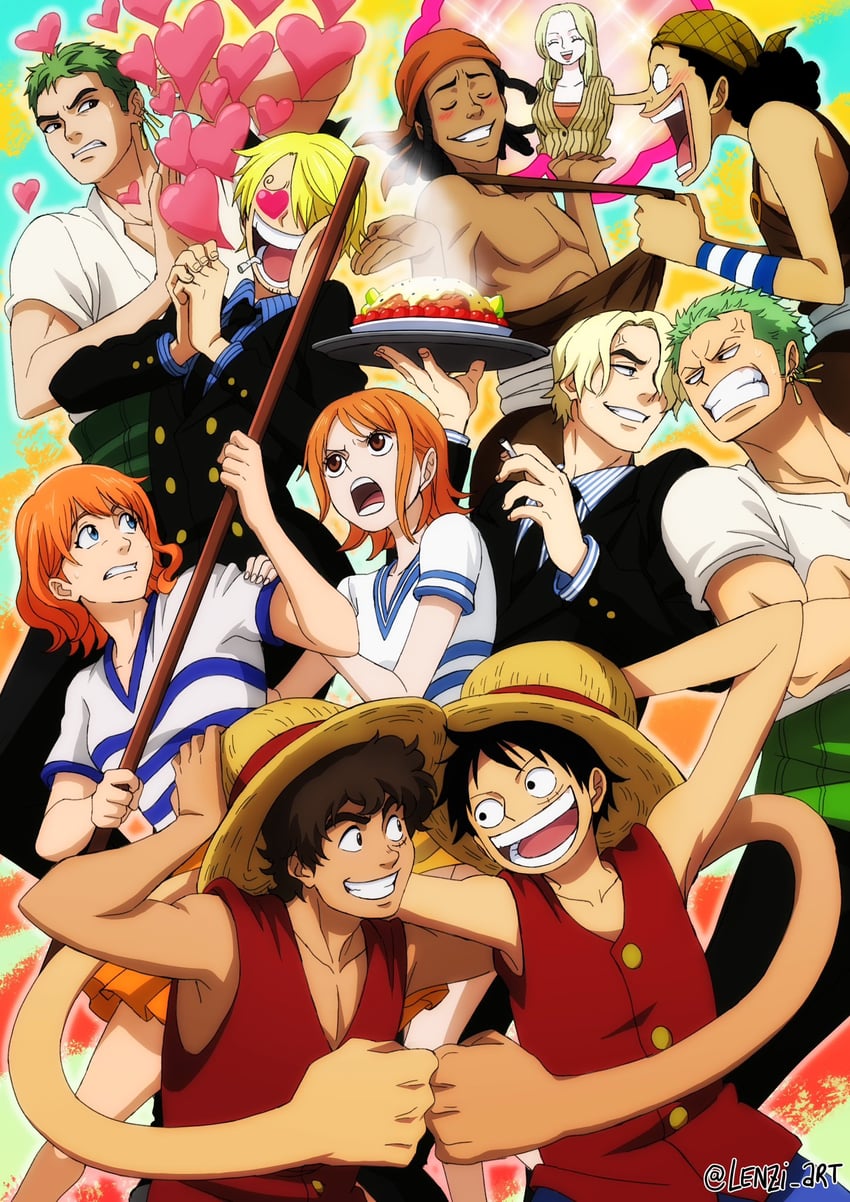 nami, monkey d. luffy, roronoa zoro, sanji, usopp, and 1 more (one piece) drawn by giorgia_lenzi