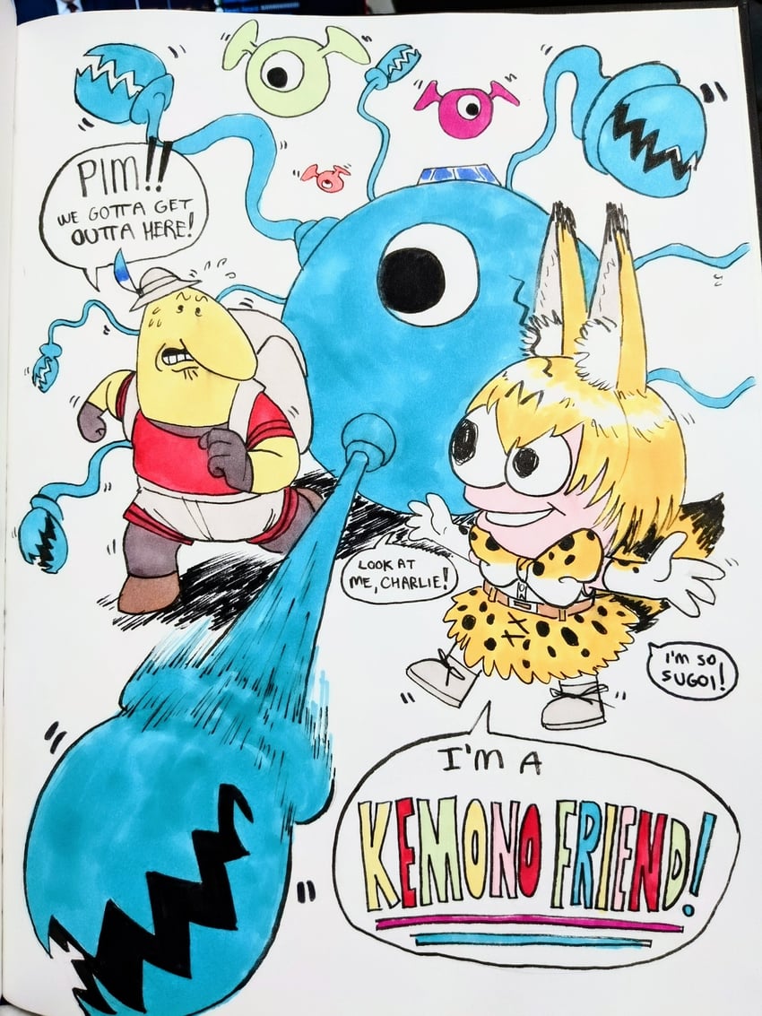 serval, kaban, cellien, charlie dompler, and pim pimling (kemono friends and 1 more) drawn by gang_gang