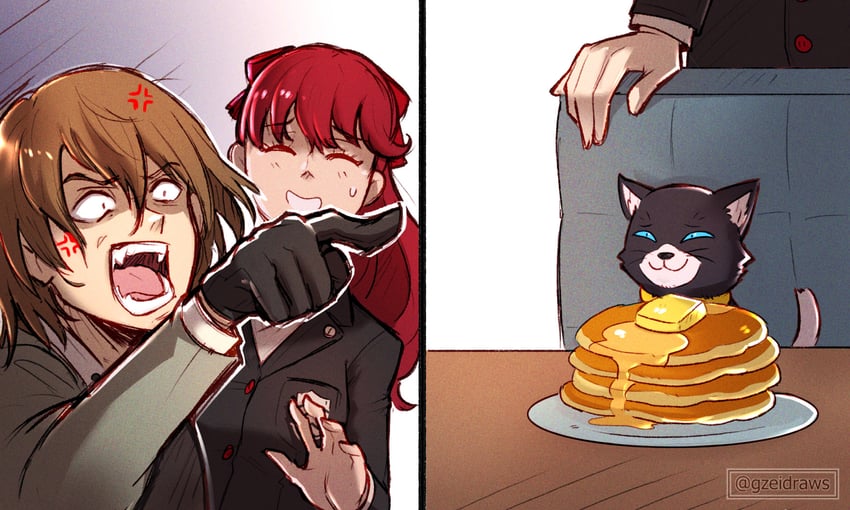 amamiya ren, yoshizawa kasumi, akechi gorou, and morgana (persona and 2 more) drawn by gzei