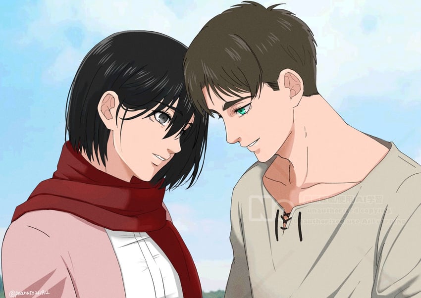 mikasa ackerman and eren yeager (shingeki no kyojin) drawn by peanuts261912