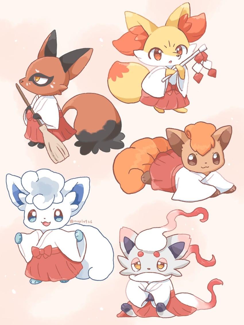 alolan vulpix, fennekin, vulpix, hisuian zorua, and nickit (pokemon) drawn by kana_(maple926)