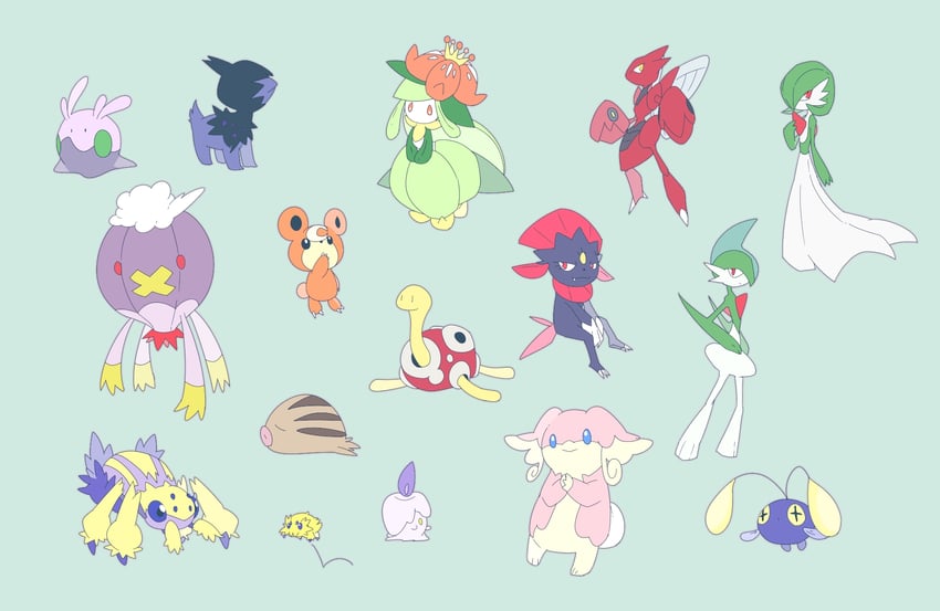 gardevoir, gallade, litwick, drifloon, goomy, and 11 more (pokemon) drawn by kura_(shironagasu02)