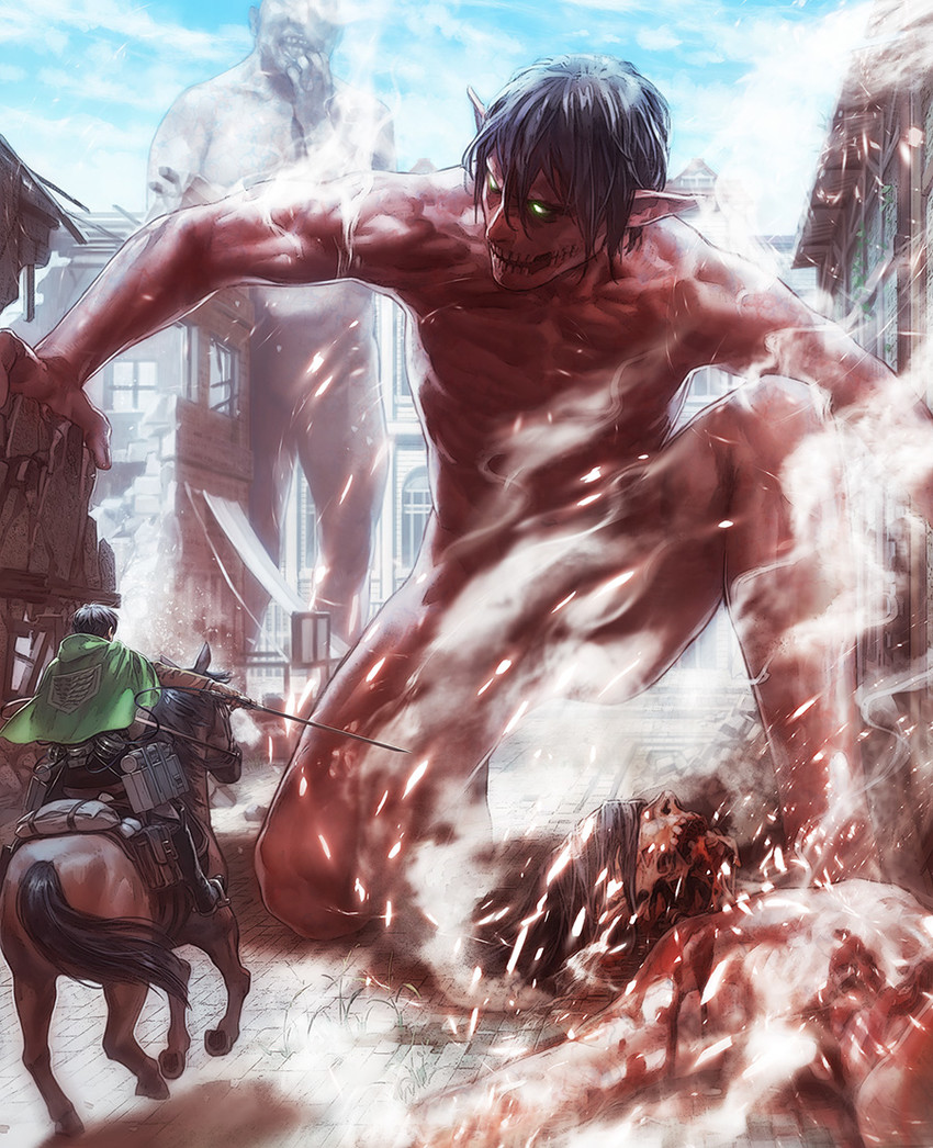 levi, rogue titan, and titan (shingeki no kyojin) drawn by a_k_i