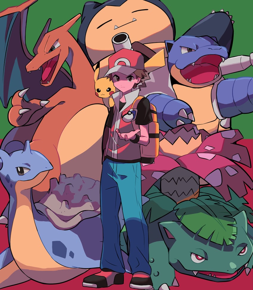 pikachu, red, charizard, snorlax, lapras, and 2 more (pokemon and 1 more) drawn by mukomaru