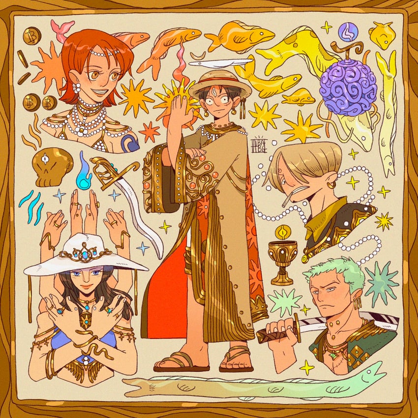 nami, monkey d. luffy, nico robin, roronoa zoro, and sanji (one piece) drawn by albabg