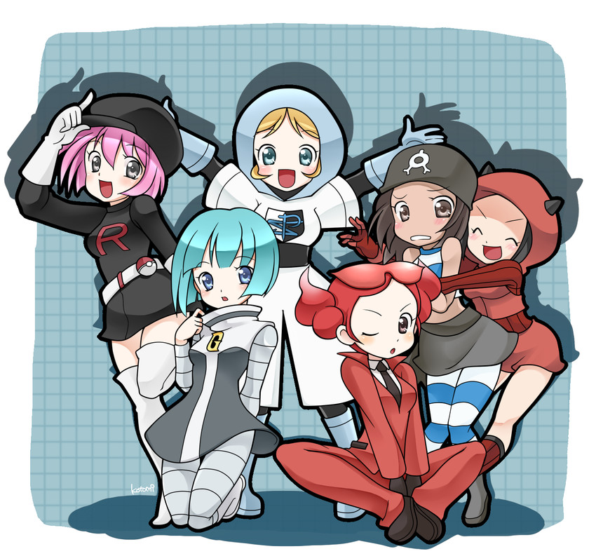 team rocket grunt, team plasma grunt, team magma grunt, team aqua grunt, team galactic grunt, and 1 more (pokemon and 5 more) drawn by kotomi_(happy_colors)