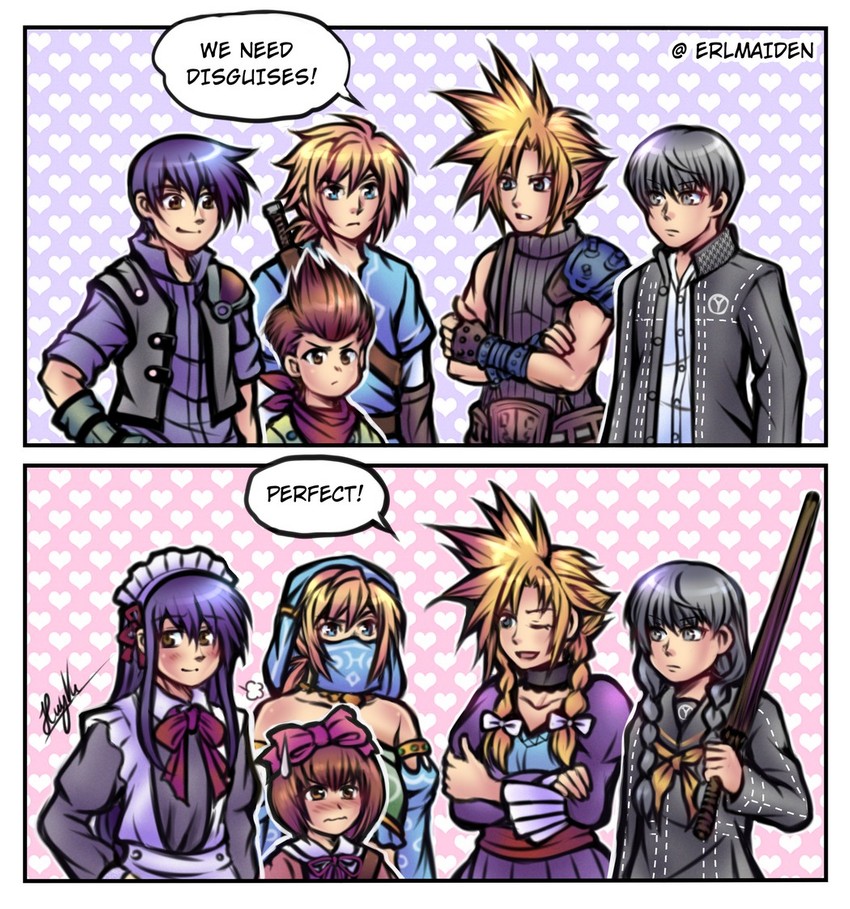 link, cloud strife, narukami yu, karol capel, and joshua bright (final fantasy and 9 more) drawn by thaumana